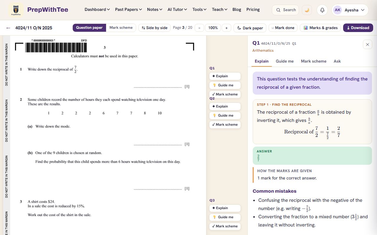 A step-by-step explanation next to the past paper