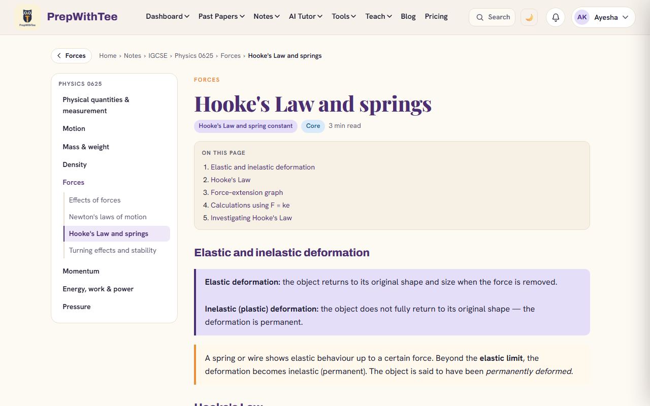 A PrepWithTee revision note: Hooke's Law and springs