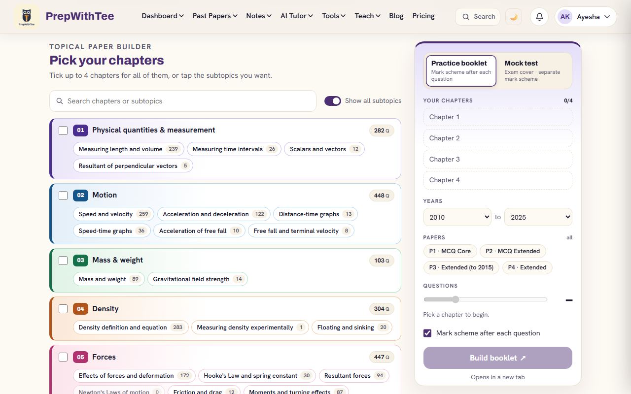 The topical builder: tick the chapters you need