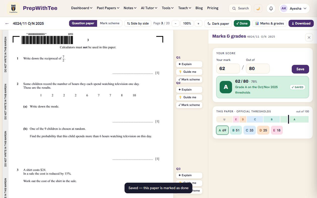 Marks and a grade, not just a tick - PrepWithTee screenshot