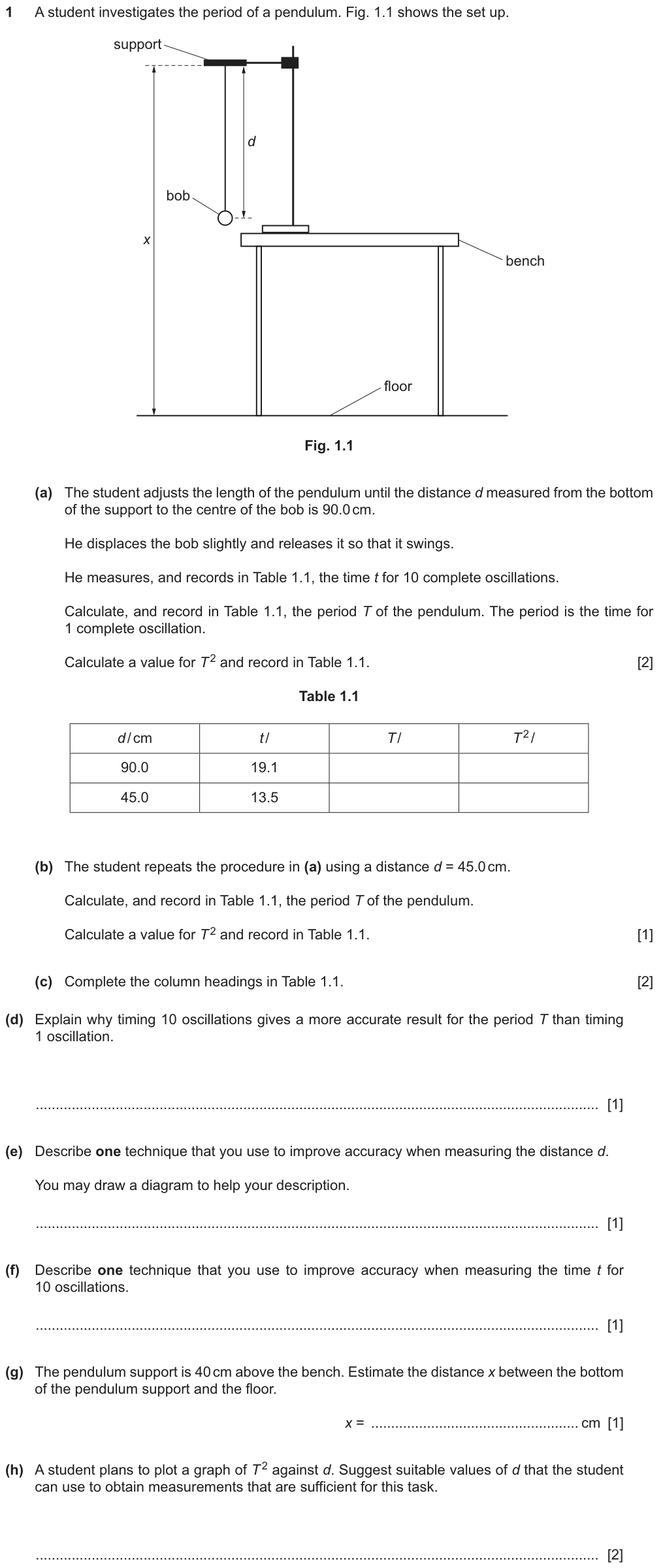 A pendulum: d = 90.0 cm, 10 oscillations take 19.1 s; d = 45.0 cm, 13.5 s. Find T and T squared, complete the column headings, explain timing 10 oscillations, techniques for measuring d and t, estimate the floor distance x, and suggest values of d for a graph of T squared against d.