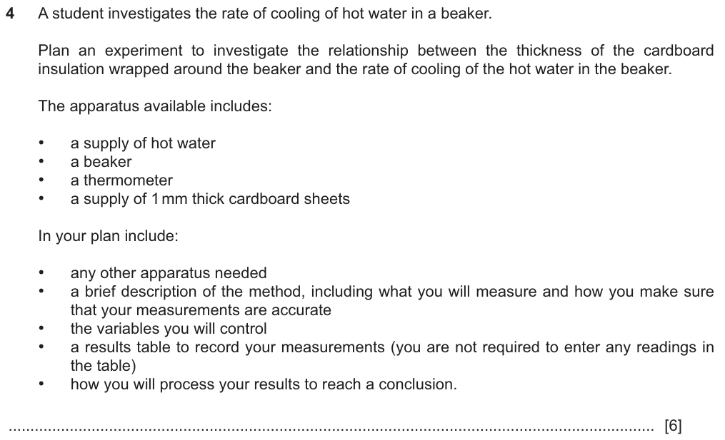 Plan an experiment to investigate the relationship between the thickness of cardboard insulation around a beaker and the rate of cooling of hot water: other apparatus, method and accuracy, control variables, results table, how to process results to a conclusion.