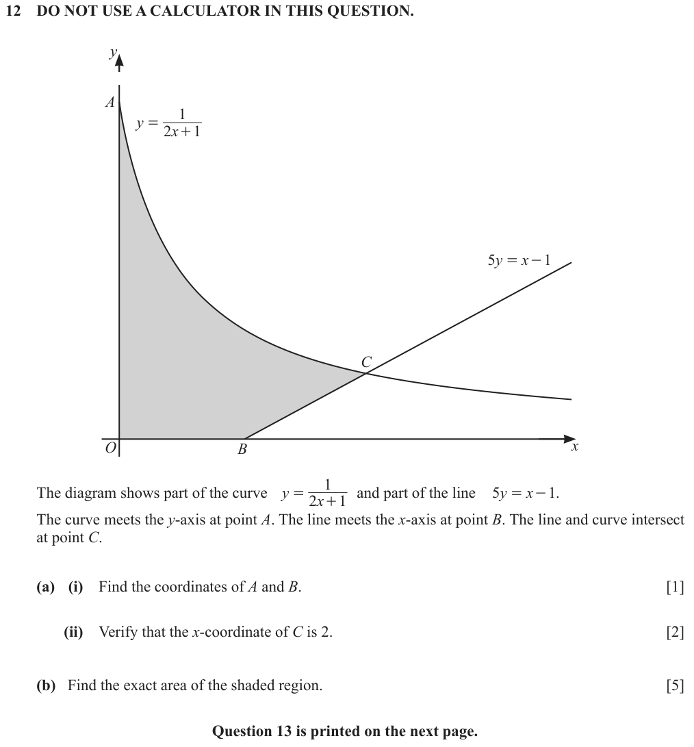 Non-calculator: curve y = 1/(2x+1) and line 5y = x - 1 meet at C. Find A, B, verify C has x = 2, and find the exact shaded area.