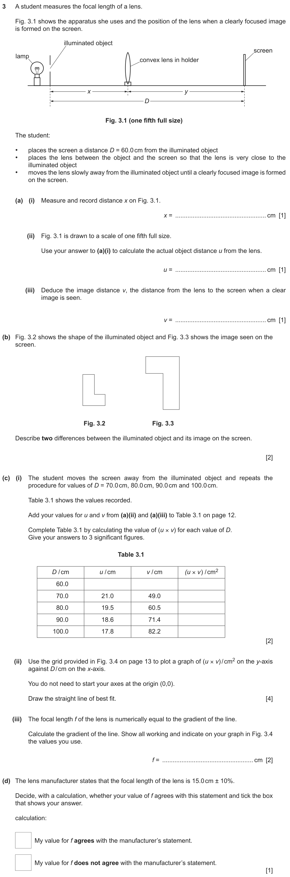 A lens between an illuminated object and a screen 60.0 cm away, drawn one fifth full size: measure x, find u and v, describe the image, complete u times v to 3 s.f. for five values of D, plot u times v against D (no need to start at the origin), find the gradient (the focal length), and decide whether f agrees with 15.0 cm plus or minus 10%.