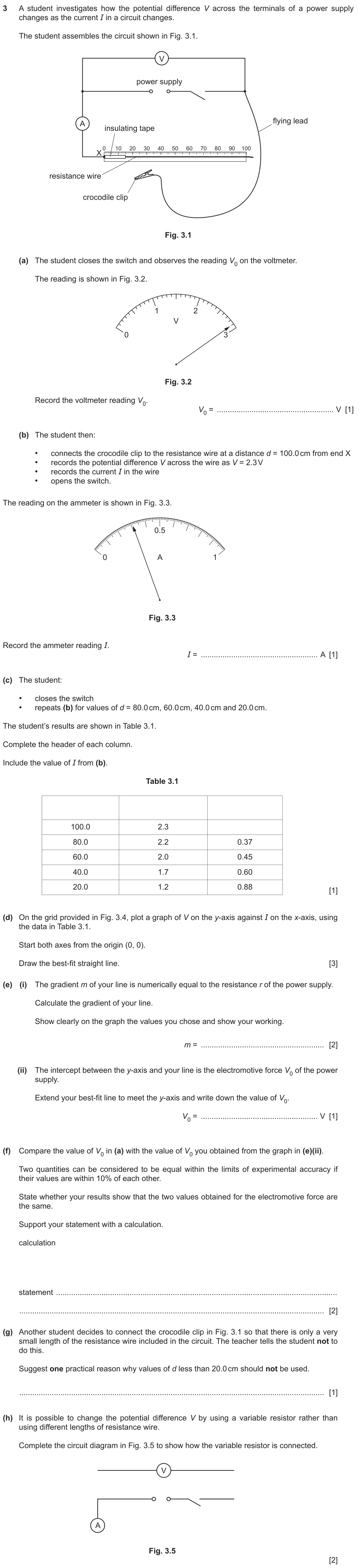 A power supply with a resistance wire and a crocodile clip; read the voltmeter (V0) and ammeter, complete the table headings, plot V against I from the origin, find the gradient (the internal resistance) and the intercept V0, compare the two V0 values within 10%, give a reason not to use very short lengths of wire, and add a variable resistor to the circuit.