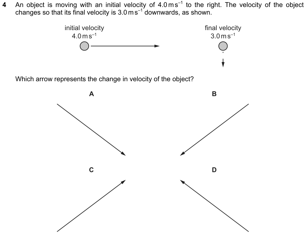 An object has an initial velocity of 4.0 m/s to the right. Its final velocity is 3.0 m/s downwards. Which arrow represents the change in velocity of the object? Four arrows A, B, C, D in four diagonal directions.