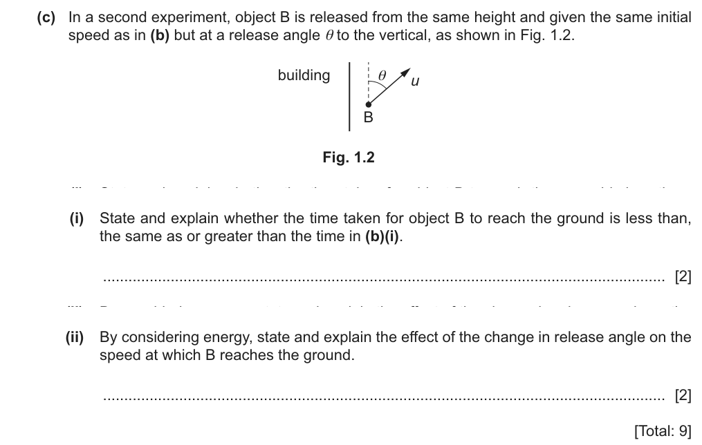 Object B is released from the same height with the same initial speed but at an angle theta to the vertical. (i) State and explain whether the time to reach the ground is less than, the same as or greater than before. (ii) By considering energy, state and explain the effect on the speed at which B reaches the ground.