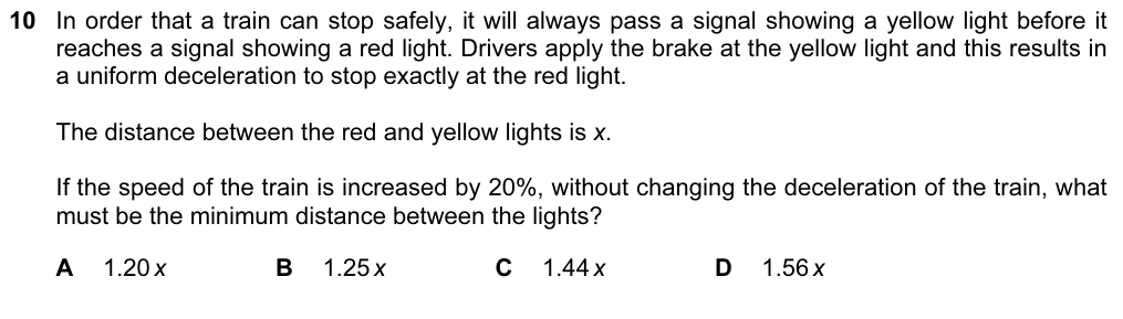 A train brakes at a yellow light with uniform deceleration to stop exactly at a red light, a distance x away. If the speed is increased by 20% without changing the deceleration, what must the minimum distance be? A 1.20x B 1.25x C 1.44x D 1.56x