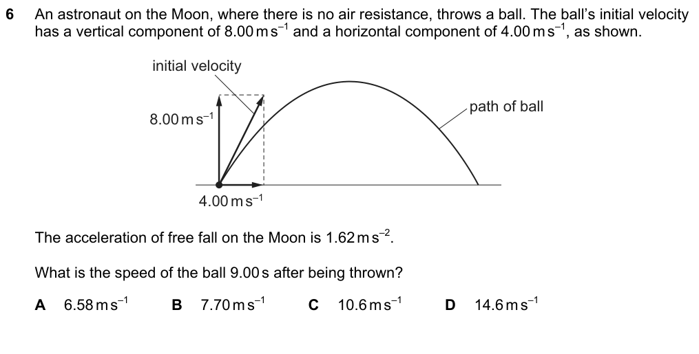 An astronaut on the Moon throws a ball with initial vertical component 8.00 m/s and horizontal component 4.00 m/s. g on the Moon is 1.62 m/s^2. What is the speed of the ball 9.00 s after being thrown? A 6.58 B 7.70 C 10.6 D 14.6 m/s