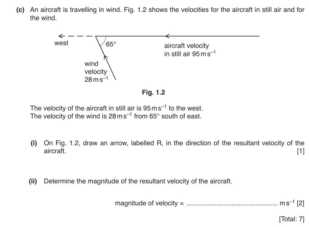 The velocity of an aircraft in still air is 95 m s⁻¹ to the west. The velocity of the wind is 28 m s⁻¹ from 65° south of east. Determine the magnitude of the resultant velocity of the aircraft.