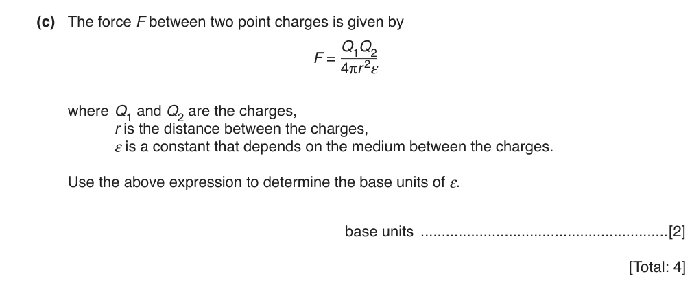 The force F between two point charges is given by F = Q1Q2 / 4πr²ε. Determine the SI base units of ε.