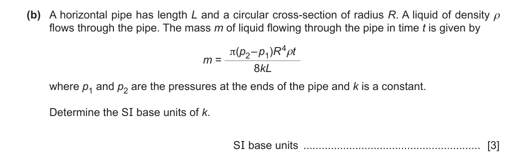 A horizontal pipe has length L and a circular cross-section of radius R. Determine the SI base units of k.